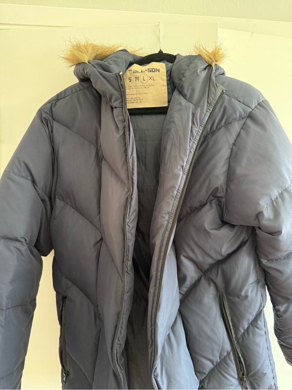 NWOT All-SON Quilted Puffer Coat with Faux Fur Hood - Navy Blue - L